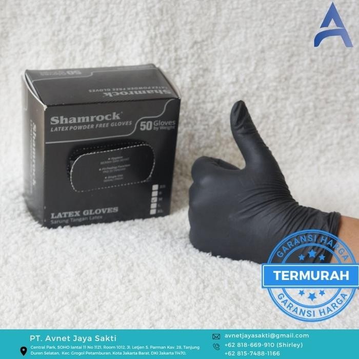 Sarung tangan karet LATEX medis NON POWDER warna HITAM merk Shamrock