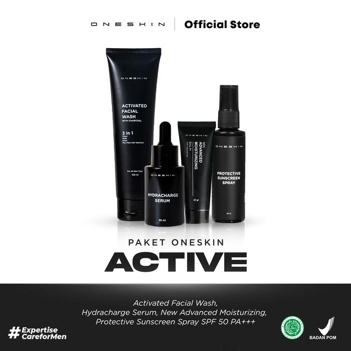 Oneskin Paket Active Skincare Pria Dengan Perlindungan Maksimal (Facial Wash, Serum, Moisturizer &