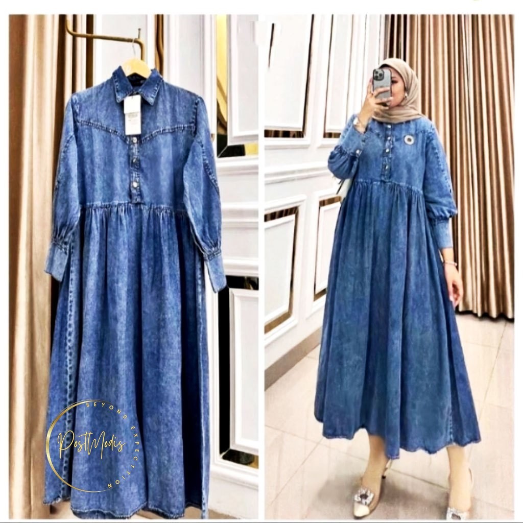NEW SYAHRINI GAMIS JEANS TASYA DRESS DINAR KENAN MIDI MAXY JUMBO KEKINIAN TERBARU DM