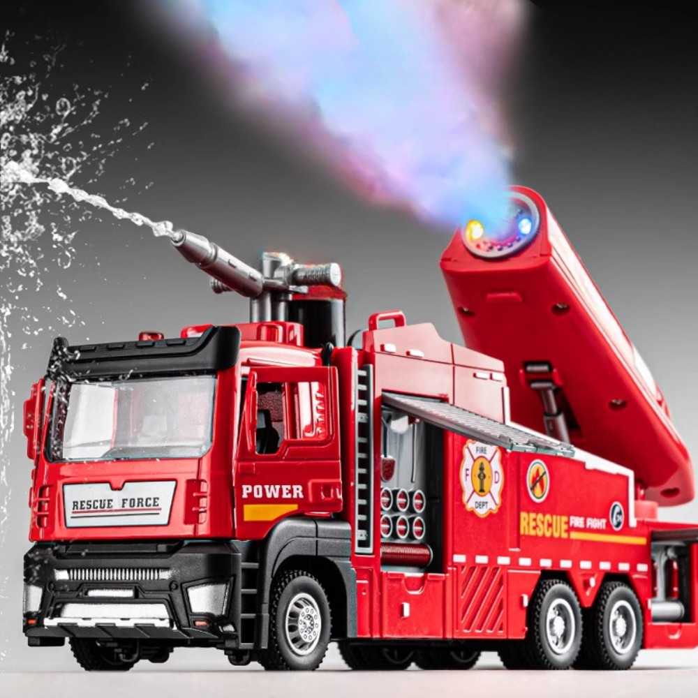 1:32 Water Spray Fog Fire Truck Model Sweeper Toy Car Sound Light Pull Back Doors Opened Vehicles