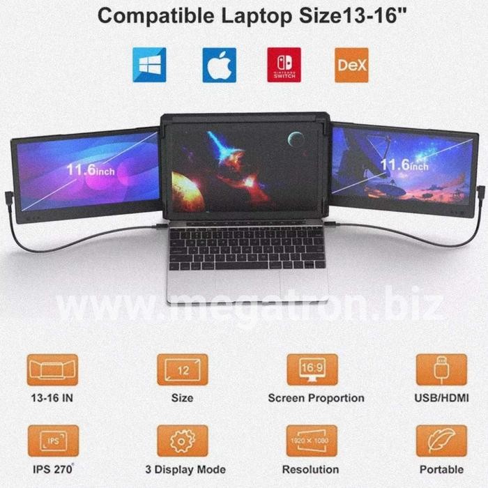 Portable Triple Screen Monitor 12 Inch (Cocok Utk Laptop 13.3" - 16")