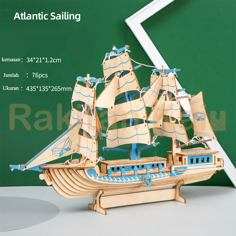 Puzzle 3D Kayu / 3D Wooden puzzle DIY Model Kapal layar biru / kapal sailing / sailing ship