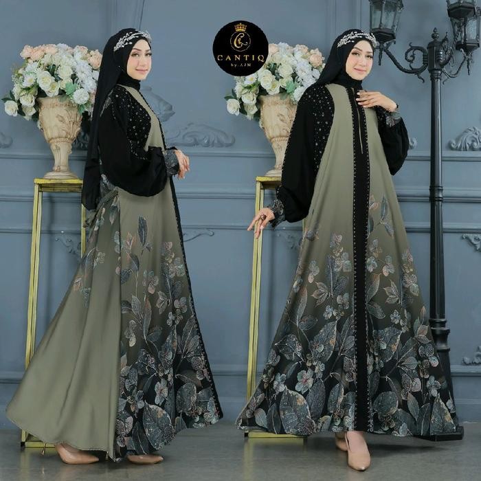 Hijrahive- Gamis Abaya Alena Printing Jumbo Premium Bahan Jetblack - Dress, Hitam, Panjang,