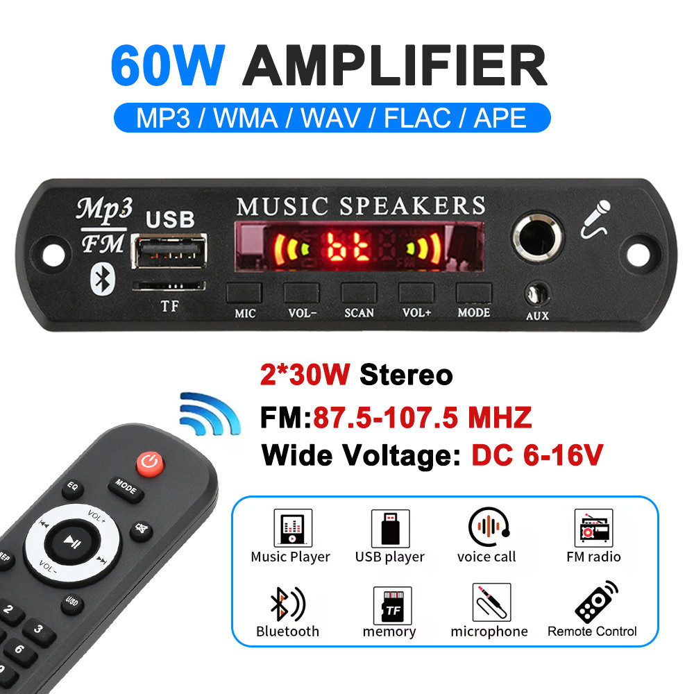 DC 6-16V MP3 BT Audio Decoding Board Module MP3/USB/TF/MIC/FM Decoder Board Car Audio USB TF FM Radi