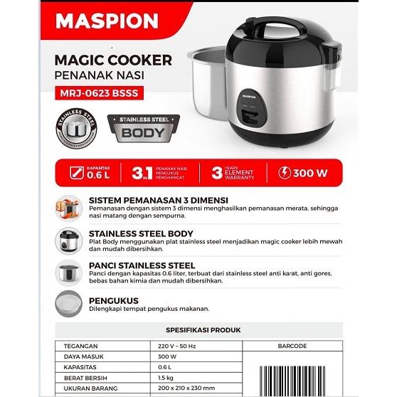 Maspion Magic Com Rice Cooker 0.6 L Panci Stainless Body Stainless Mrj0623 Mrj 0623 Mrj-0623 Bss