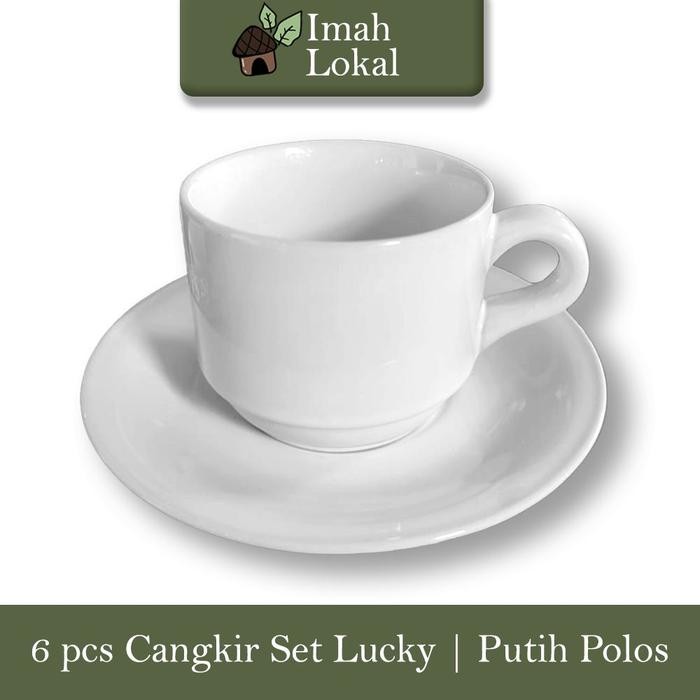 6 Set Cangkir Keramik Lucky Gelas Minum Kopi Teh Warna + Pisin / Tatakan - Putih Polos