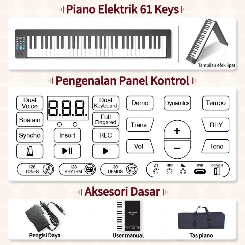 Benston Music- 61-tuts piano lipat, piano elektrik pintar 61-tuts bluetooth keyboard portabel