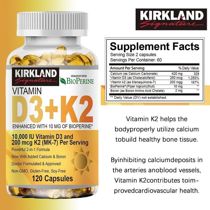 TERLARIS KIRKLAND Vitamin D3 K2 10000 IU, (250mcg) D3 + 200mcg K2 MK7 - 120 Kapsul SALE