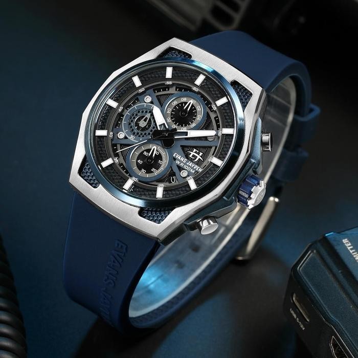DISKON jam tangan Evans Jayden Jam Tangan Pria 9585 Rubber Kaca Sapphire Chronograph Water Resistant