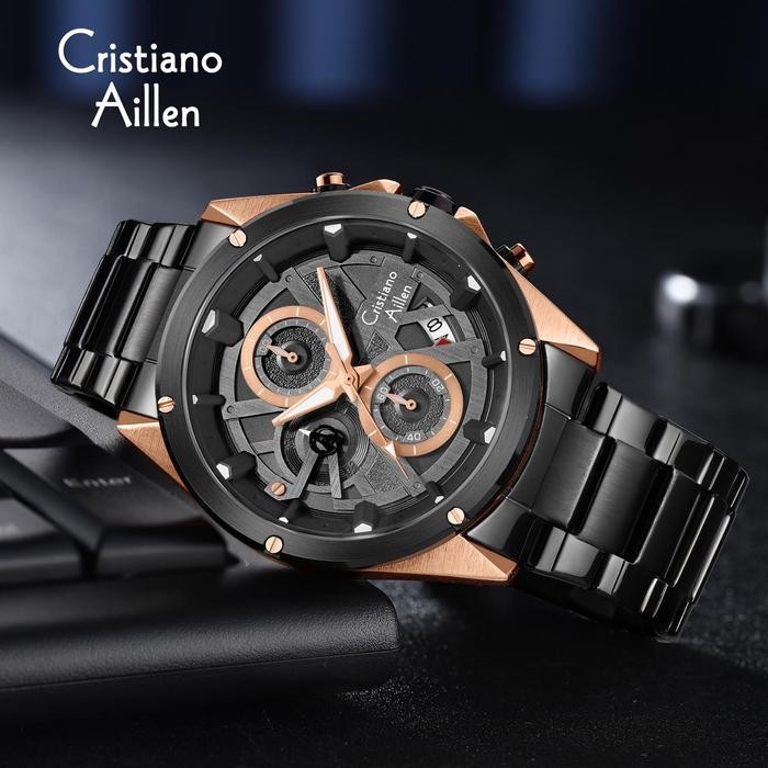DISKON Cristiano Aillen Jam Tangan Pria Analog 8895 Rantai Stainless Steel Chronograph Kaca Sapphire