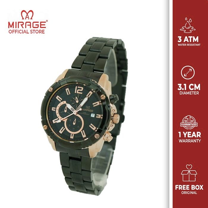Mirage Watch - Jam Tangan Mirage Analog Sporty Mewah Wanita Hitam Rosegold 8714 L Bergaransi Kaca