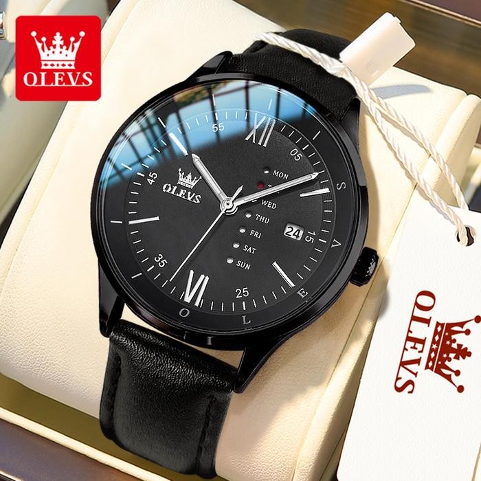 OLEVS Jam Tangan Pria OLEVS 2931 Anti Air Mode Kasual Pelat Kalender Ganda Bercahaya Kulit - Kaca,