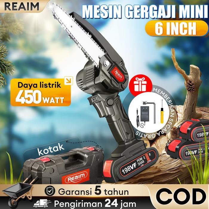 Reaim Gergaji Baterai 198V Gergaji Listrik Gergaji Mesin Mini Chainsaw Mini Gergaji Portable
