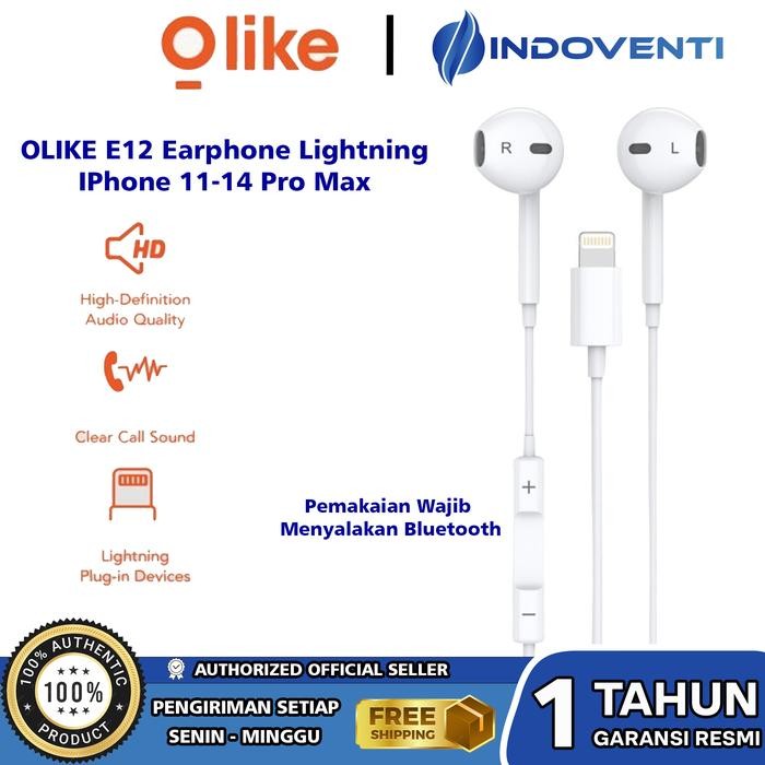 Top- Olike E12 Kabel Iphone 11 12 13 14 Pm Wired Earphone Lightning Headset Handsfree Mic