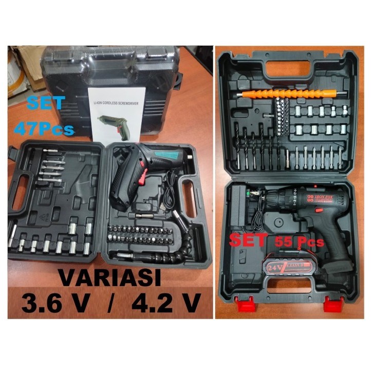 set 47pcs Mesin Bor Obeng Elektrik Cordless Screwdriver Mesin Bor Mini