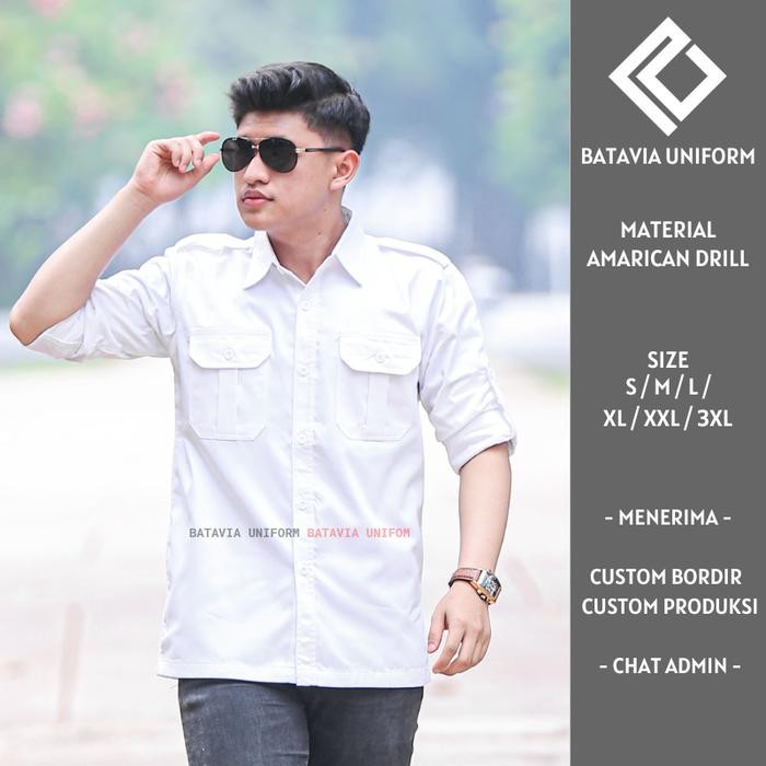 Modo- Baju Kemeja Pdl Lapangan Tactical Lengan Panjang Custom Bordir Putih