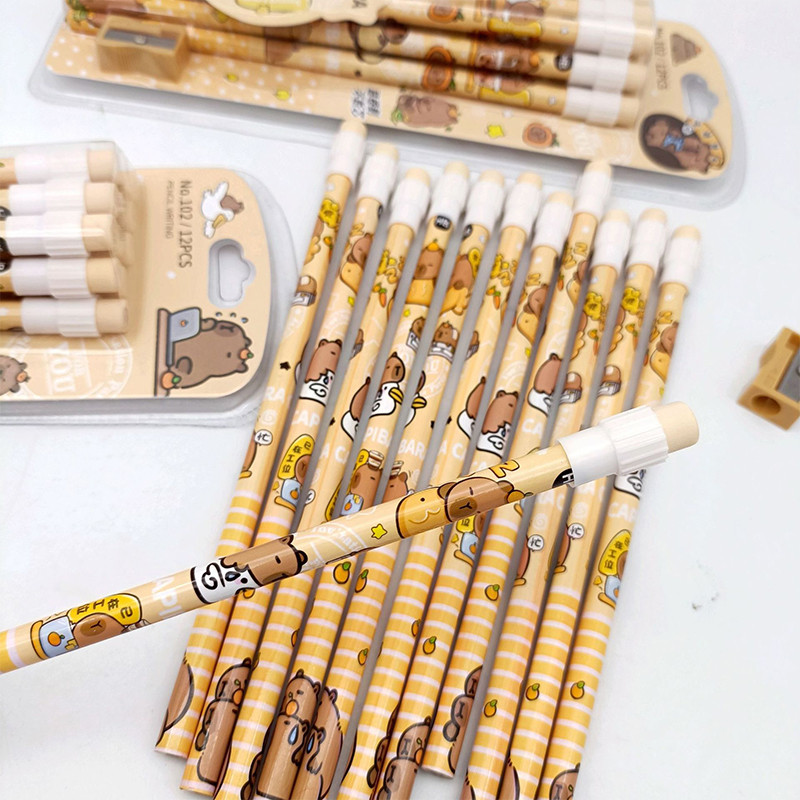 

12Pcs Cute Cartoon Capybara Hb Pencils Stationery Set With Pencil Sharpener School Students