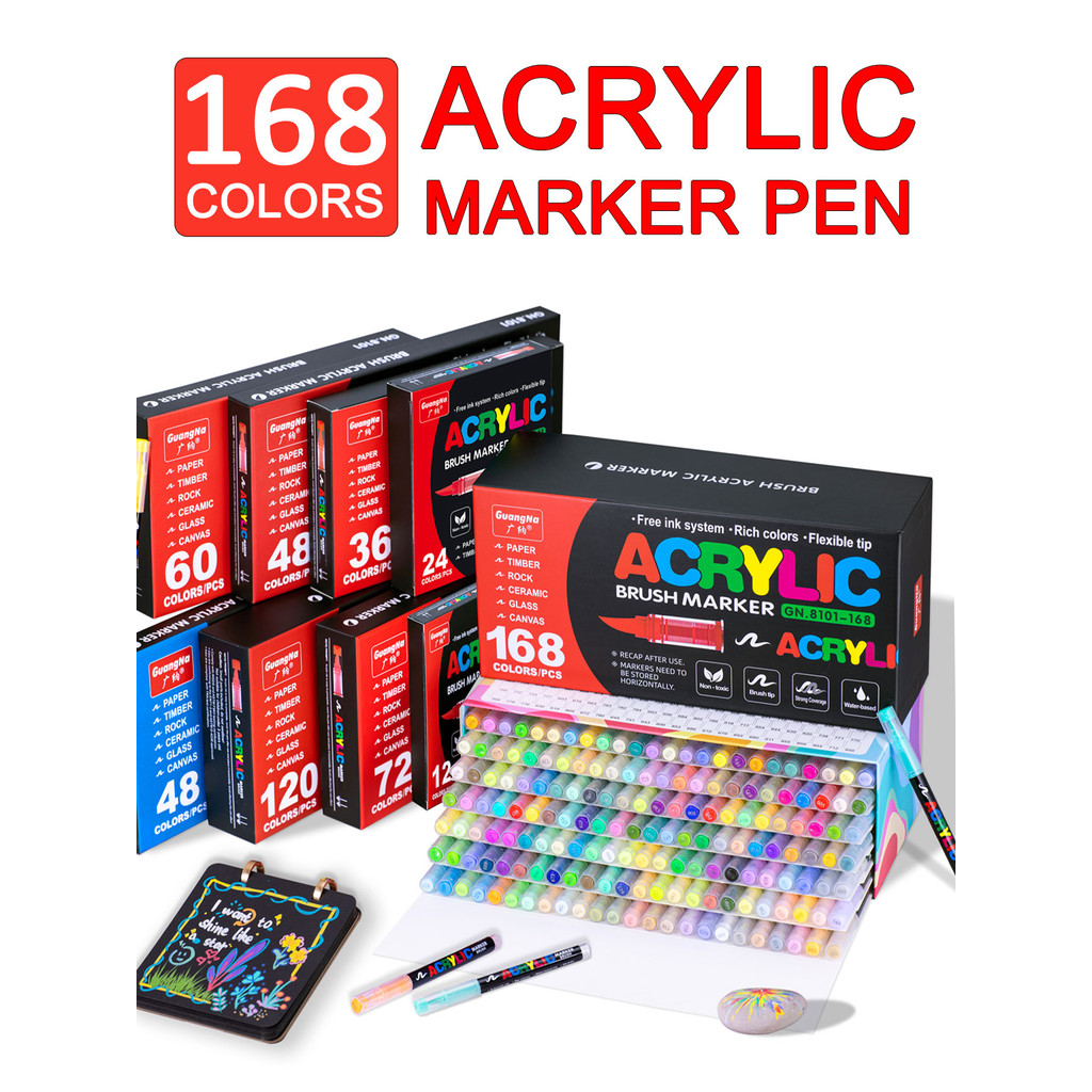 

12/24/36/48/60/72/120/168 Colors Liquid Acrylic Marker Pens,Brush Soft Tip Juicy Ink Art Supplies