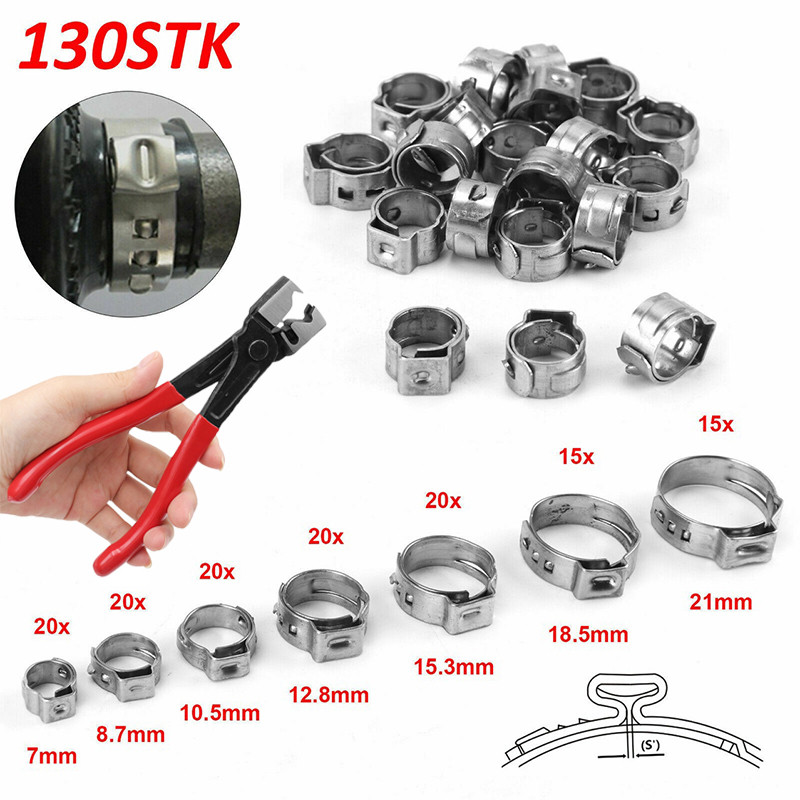 

130Pcs Single Ear Stepless Hose Clamps +1Pc Hose Clip Clamp Pliers 7-21Mm 304 Stainless Steel Hose