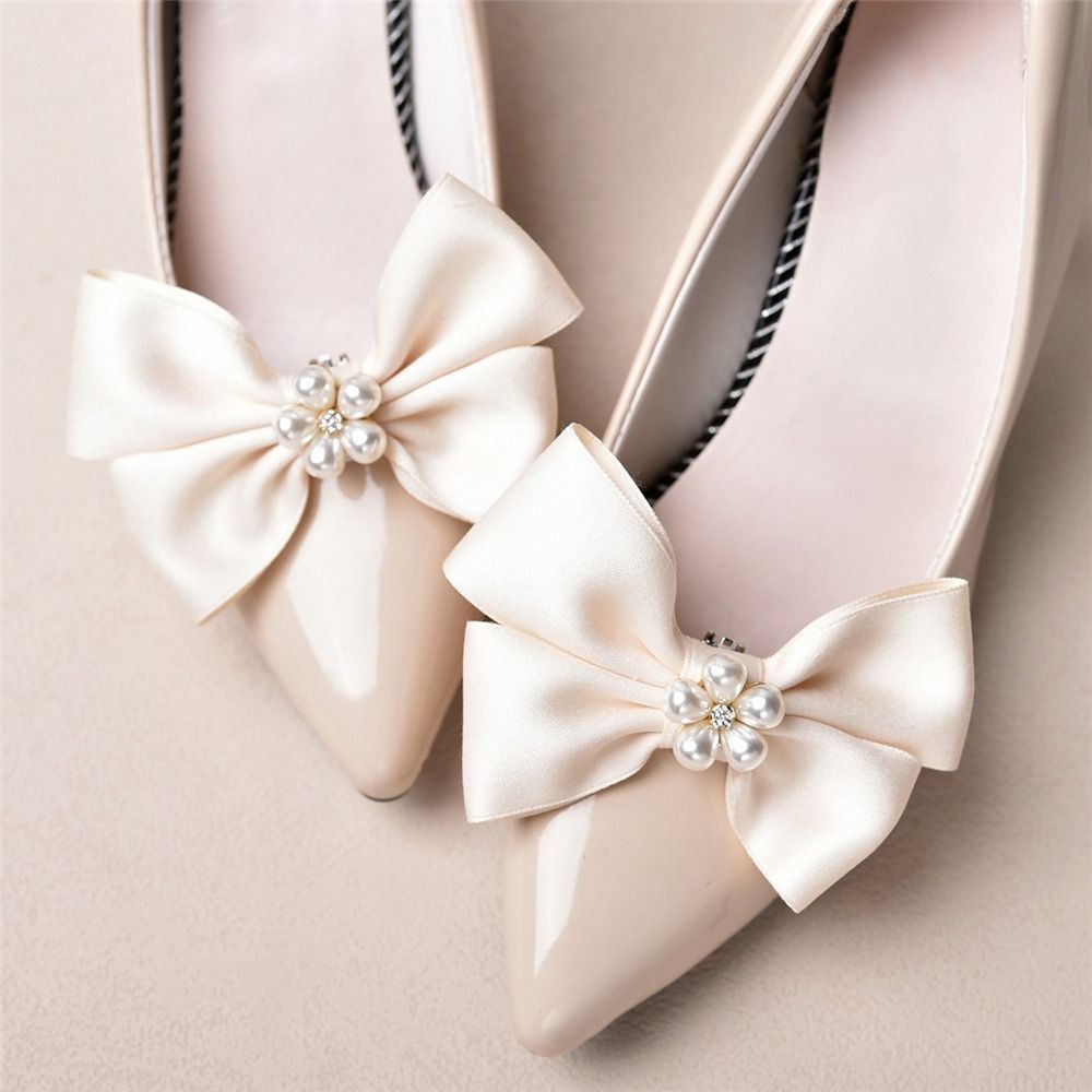 

2 Pcs Elegant Bowknot Shoes Buckle With Pearl Shoe Clips Women Removable Wedding Shoe Decoration