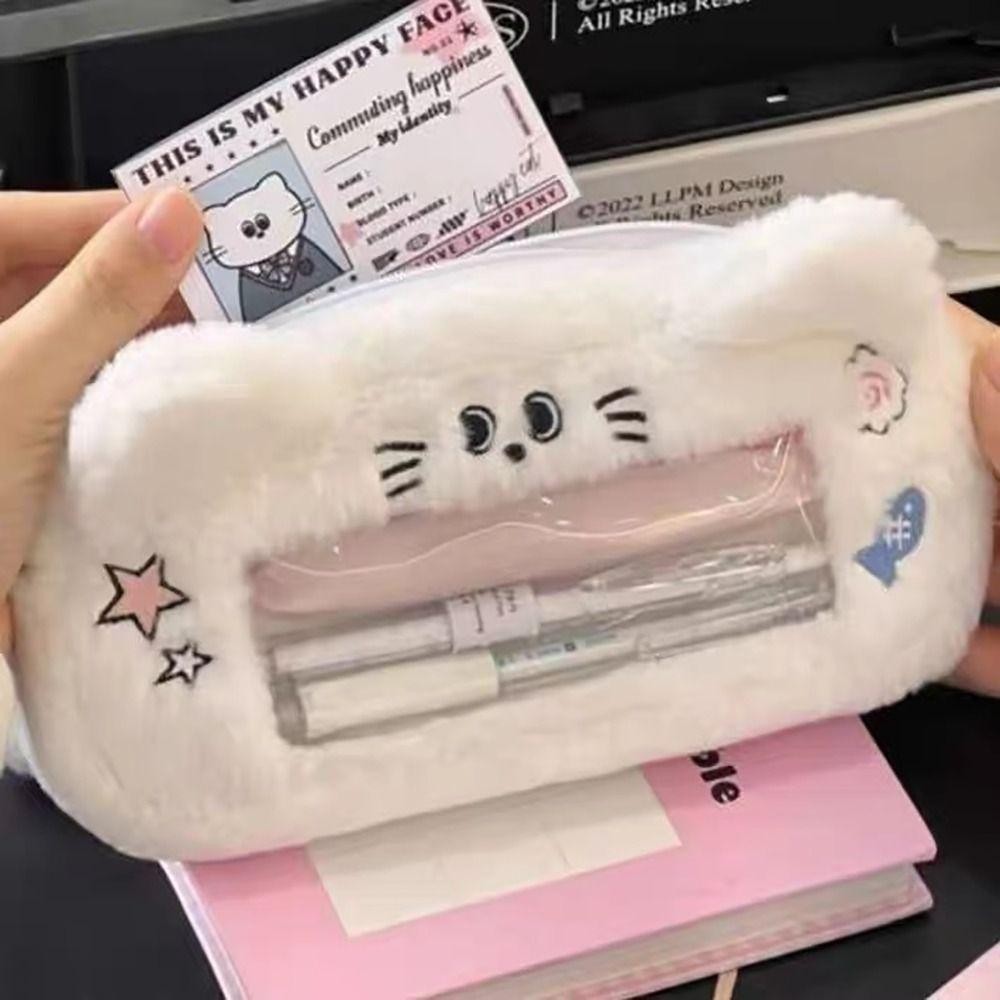 

Plush Pencil Case Soft Multi-Functional Viewable Window Stationery Storage Pouch Large Capacity Pen