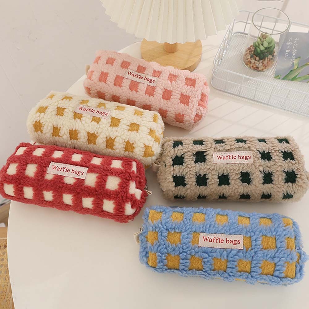 

Large Capacity Plush Pencil Case Khaki/Pink/Yellow/Blue/Red Waffle Grid Pattern Stationery Bag Soft