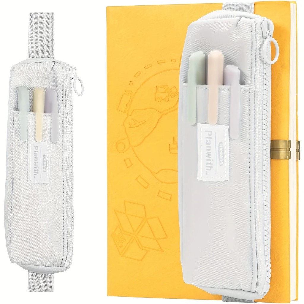 

Slim Canvas Pencil Holder For Notebook With Adjustable Elastic Band, Zippered Pencil Pocket
