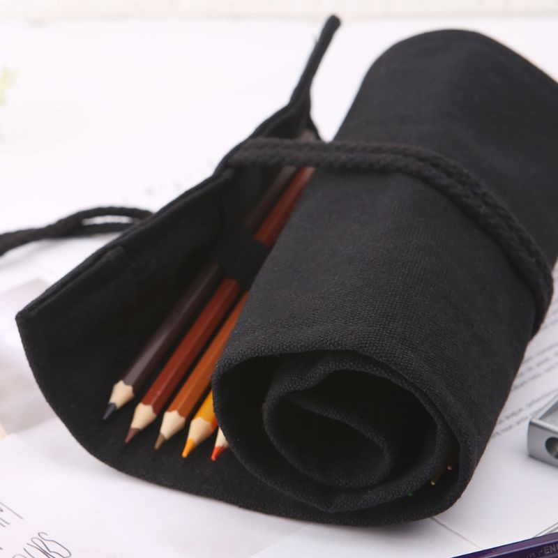 

Black Color School Pencil Case Roller 12/24/36/48/72 Holes Canvas Roll Up Makeup Canvas Pen Bag For