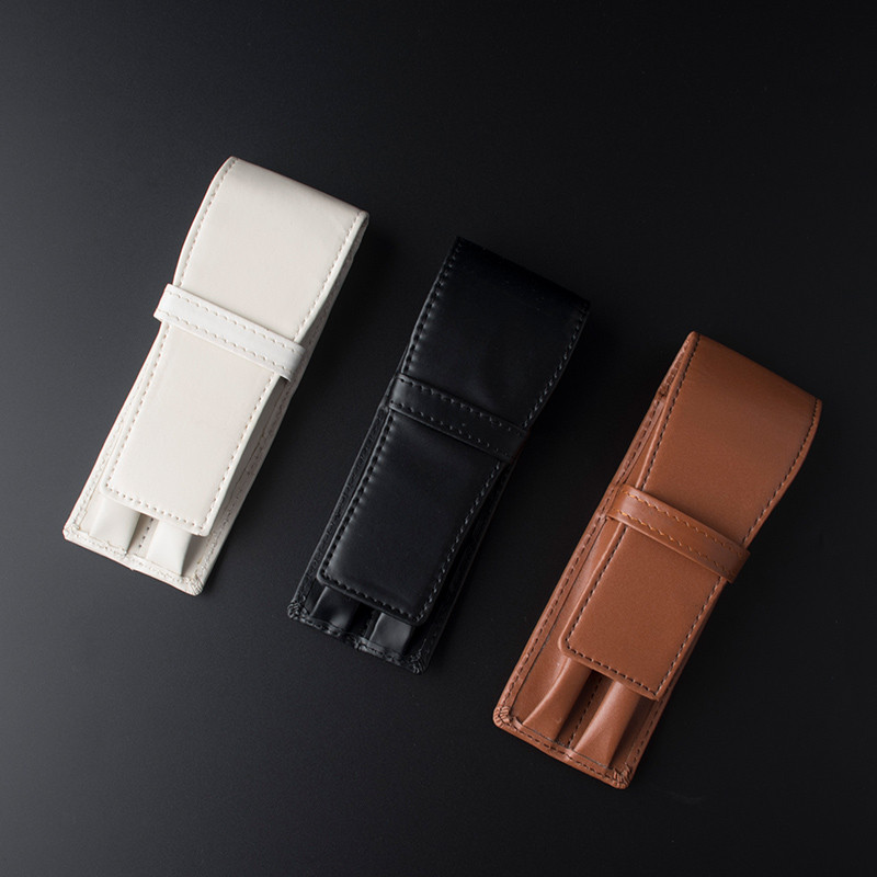 

Black Double Pen Leather Pouch Case Top Washed Cowhide