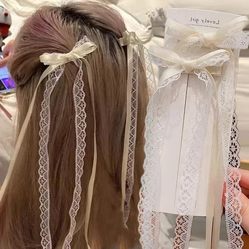 2Pcs Korean Fashion Lace Bow Hairpin Women Girls Ribbon Hair Clips White Long Ribbon Bow Top Clip