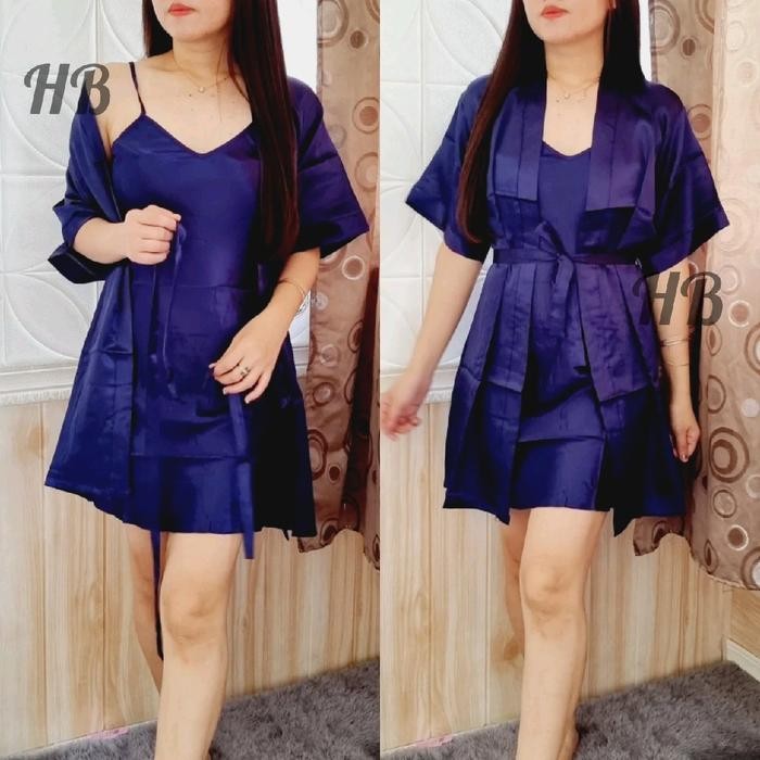 Coatelle- Hawaiianbanana Baju Tidur Kimono Dress Polos Satin Satu Tali Sexy (L-Xl) / Satin
