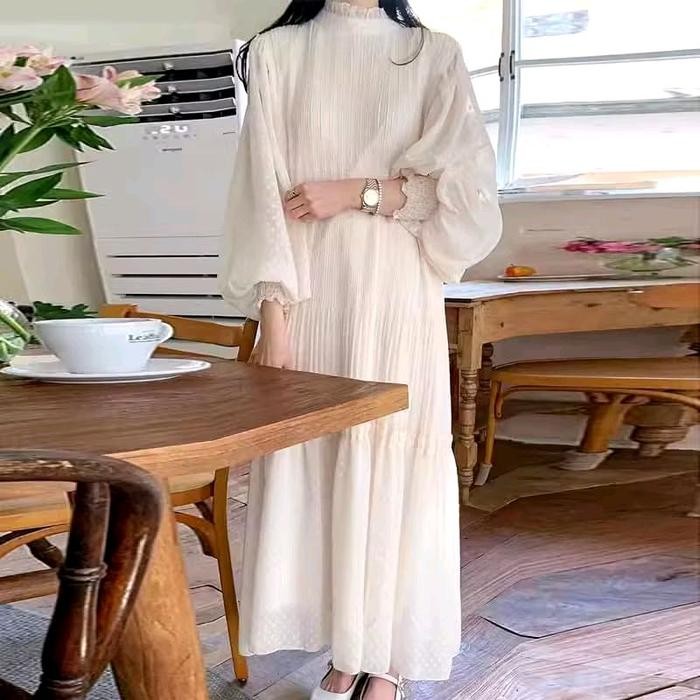 Fleesa- Long Dress/ Gaun Muslim Cream Simple Wanita Style Korea Big Size Gamis Maxi Pesta