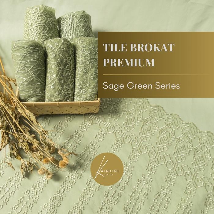 Trenatik- Kain Brokat Kebaya Premium / Tile Brukat Perancis - Sage Green Hijau (Bahan Kebaya