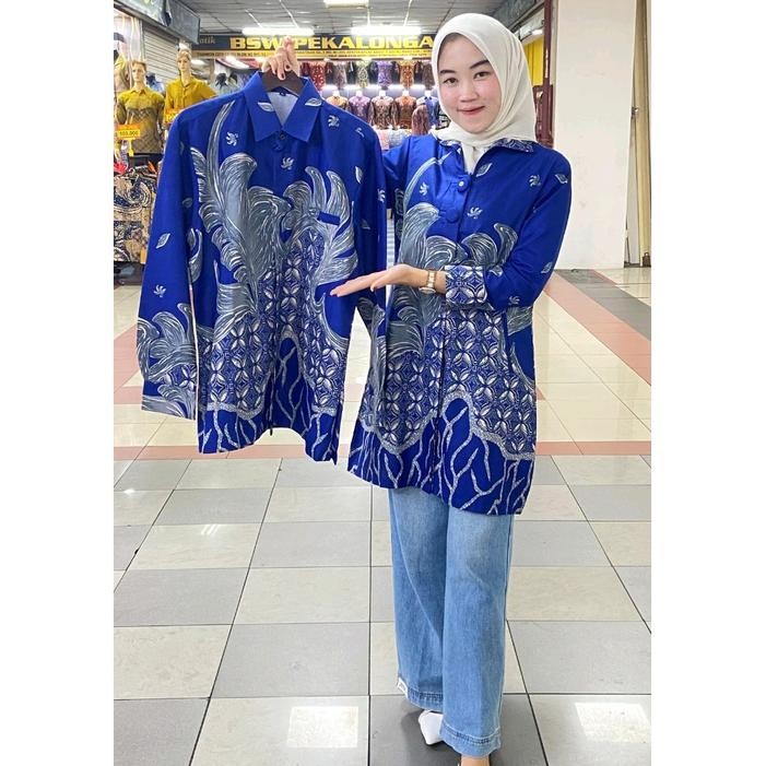 Trenatik- Batik Solo Premium Wanita Dan Pria Warna Biru Elektrik Kombinasi Abu Abu Lapisan Full
