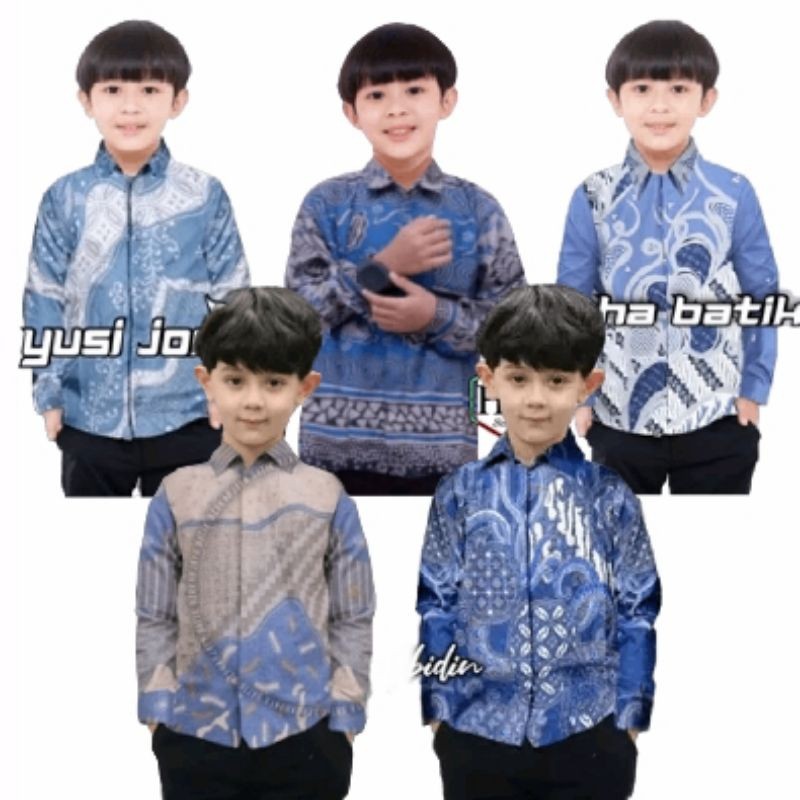 PROMO / Batik Anak Laki Laki Premium Lengan Panjang Warna Biru Muda Denim Soft Blue Navy Abu Grey