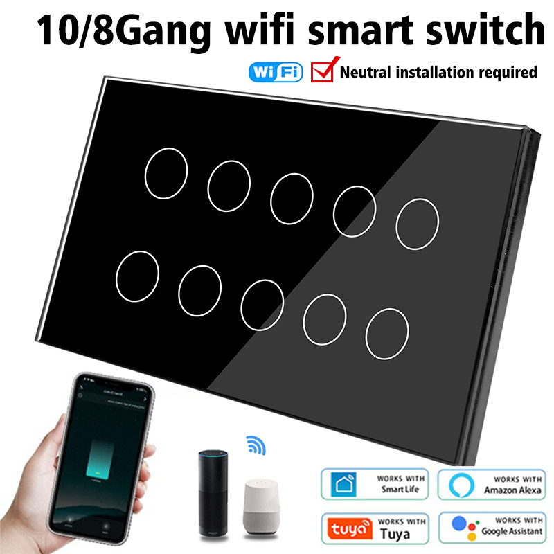 10Gang Tuya Wifi Smart Touch Light Wall Switch Glass Panel Tuya App