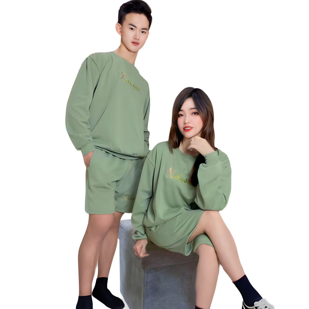 [NEW] SETELAN FLEACE SWEATER COWOK CEWEK SWEATER LENGAN PANJANG BORDIR CELANA PENDEK NINA