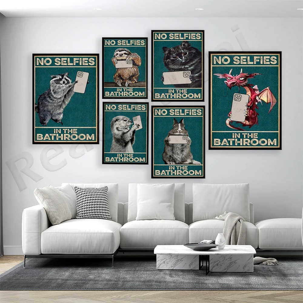 

Bathroom No Selfie Poster, Skull, Black Cat, Otter, Rabbit, Sloth, Fox, Dragon, Raccoon Poster,