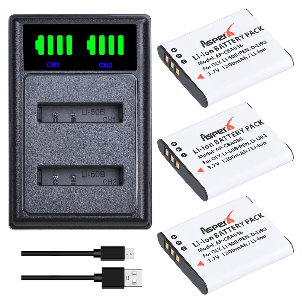 3Pc Li-50B D-Li92 Li 50B Li50B D Li92 Battery Bateria + Charger with Type C Port for Olympus u6010 u