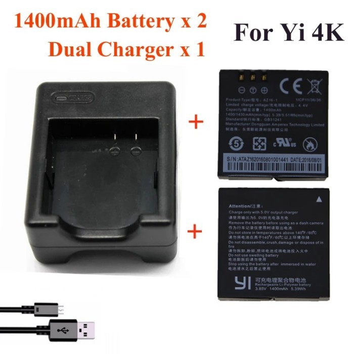 For Yi 4K 4K+Yi lite1400Mah 2 Pcs Battery+Xiao Yi 2 Dual Battery