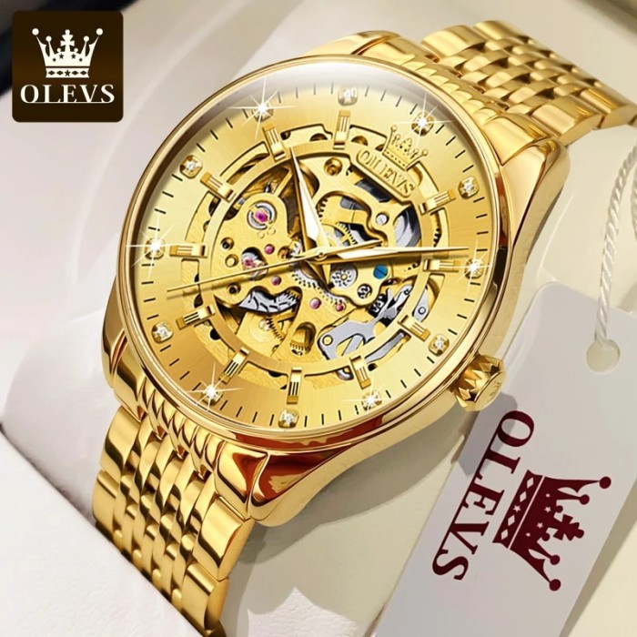 OLEVS Men's Watches Luxury Gold Skeleton Automatic Mechanical Wrist