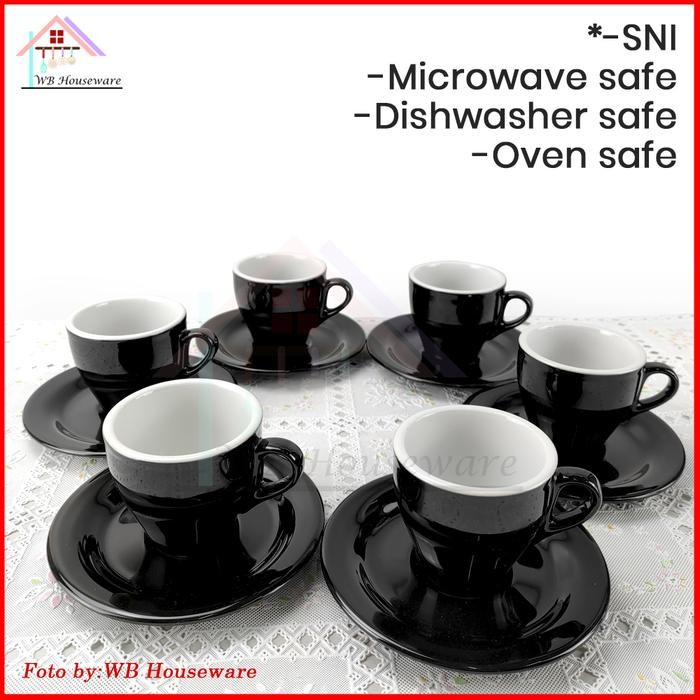 Kopin 6 Pasang Cangkir Set Hitam 180Ml Kpi-02 / Coffee Latte Cappucino Porcelain Cup And Saucer