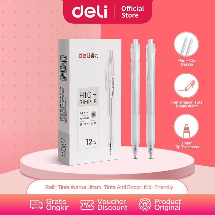 

Ready JT Deli Gel Pen Pulpen Gel Retractable Tinta Hitam 0.5mm A057B-01 Alat Putih Transparan Tulis