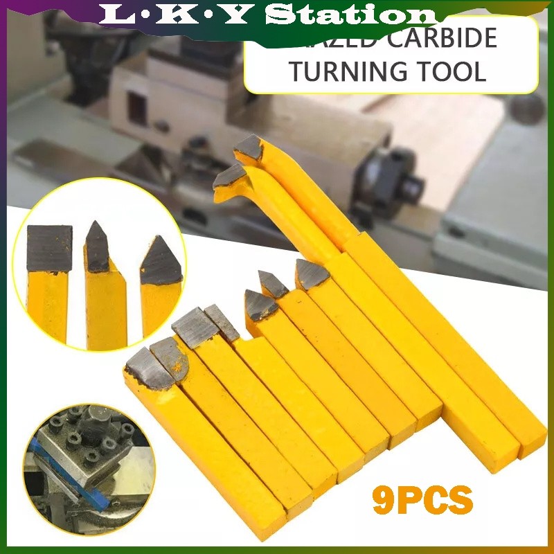 9pcs/Set Pahat Bubut Set Pahat Bubut Besi Carbide Brazed Tip Tipped Lathe Cutter Tools Alat Pahat