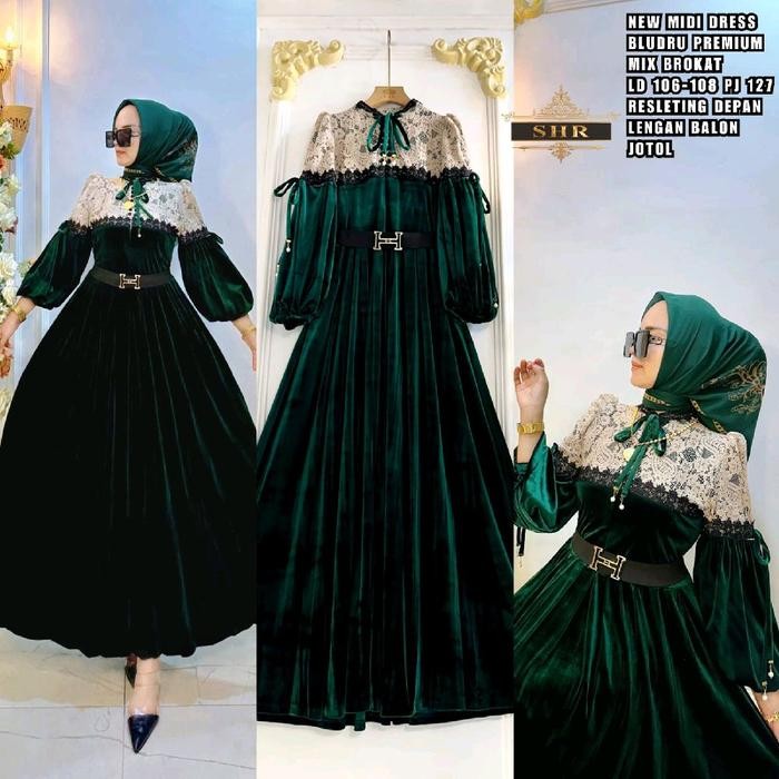 READY Dress Bludru Brukat ORI 100% SHR Gamis Wanita Lebaran Cantik