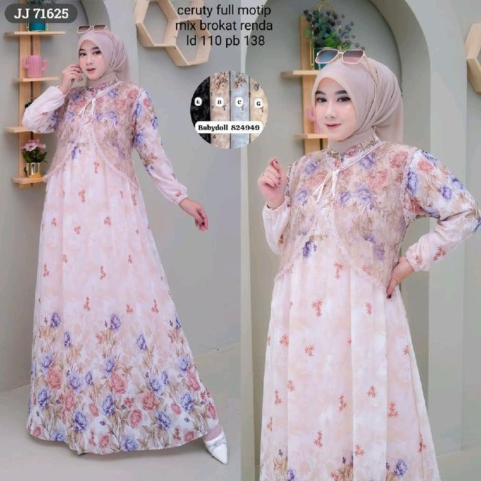 Gamis Ceruty Full Motif Mix Brokat Renda Long untuk Wanita Muslim Syari - Dress, Pesta, Dewasa,