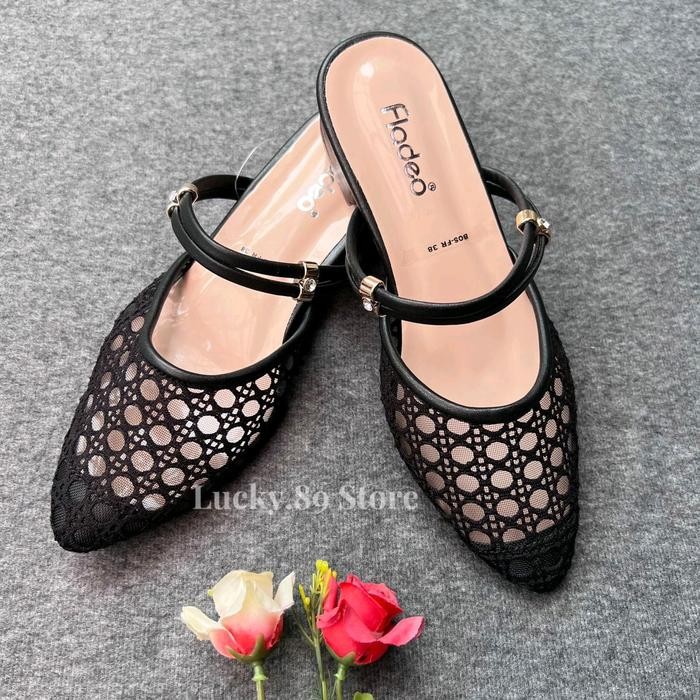 Fladeo Sandal Wanita Brukat Hak 3Cm Shoes Sendal Selop