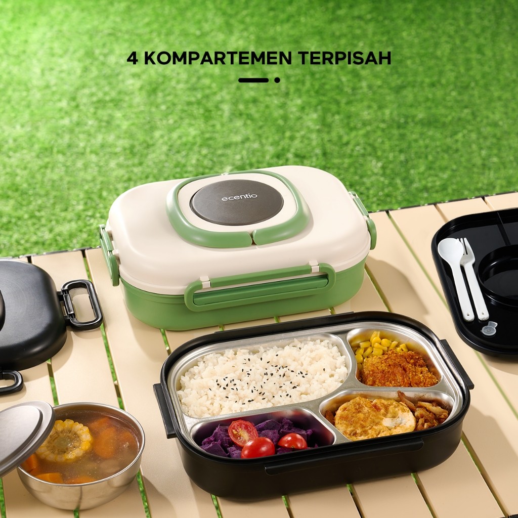 Ecentio 4 Sekat Kotak Makan Set 1100ml Anti Tumpah Lunch Box Set Stainless Sendok Free Tempat Sup