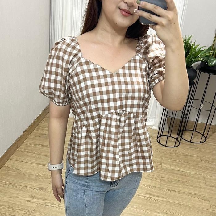 (Expert) (Victoria Wear House) Ara Top Baju Atasan Lengan Balon Puffy Sleeve Motif Kotak-Kotak