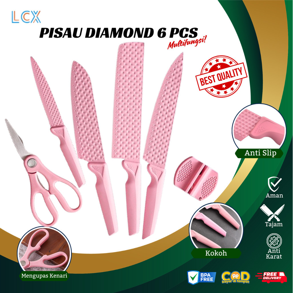 LCX Pisau Diamond Knife Set /Set Pisau Dapur / Pisau Berlian Merah Muda Pisau Diamond VS-1844